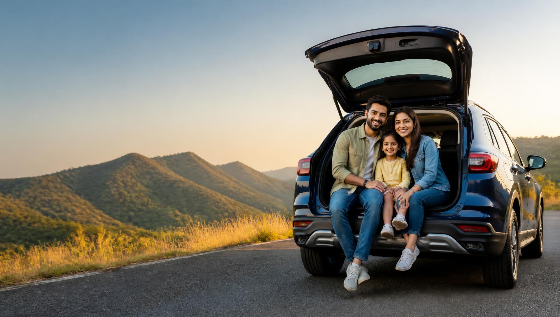 Family relaxing in the boot of a premium SUV on an open road at golden hour