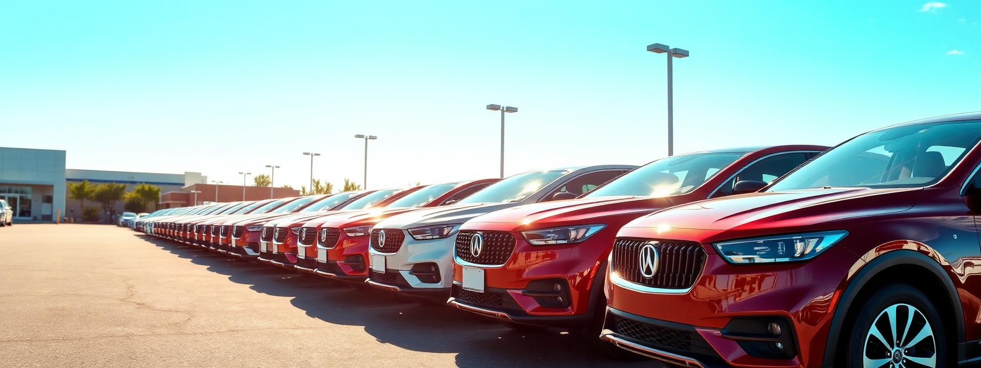 Row of inspected used cars in a sunlit dealership