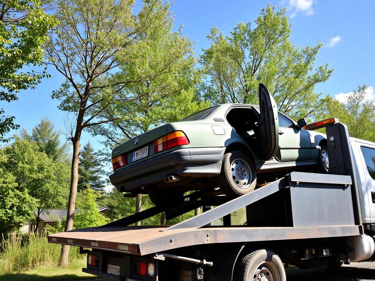 Old car loaded onto a tow truck for recycling