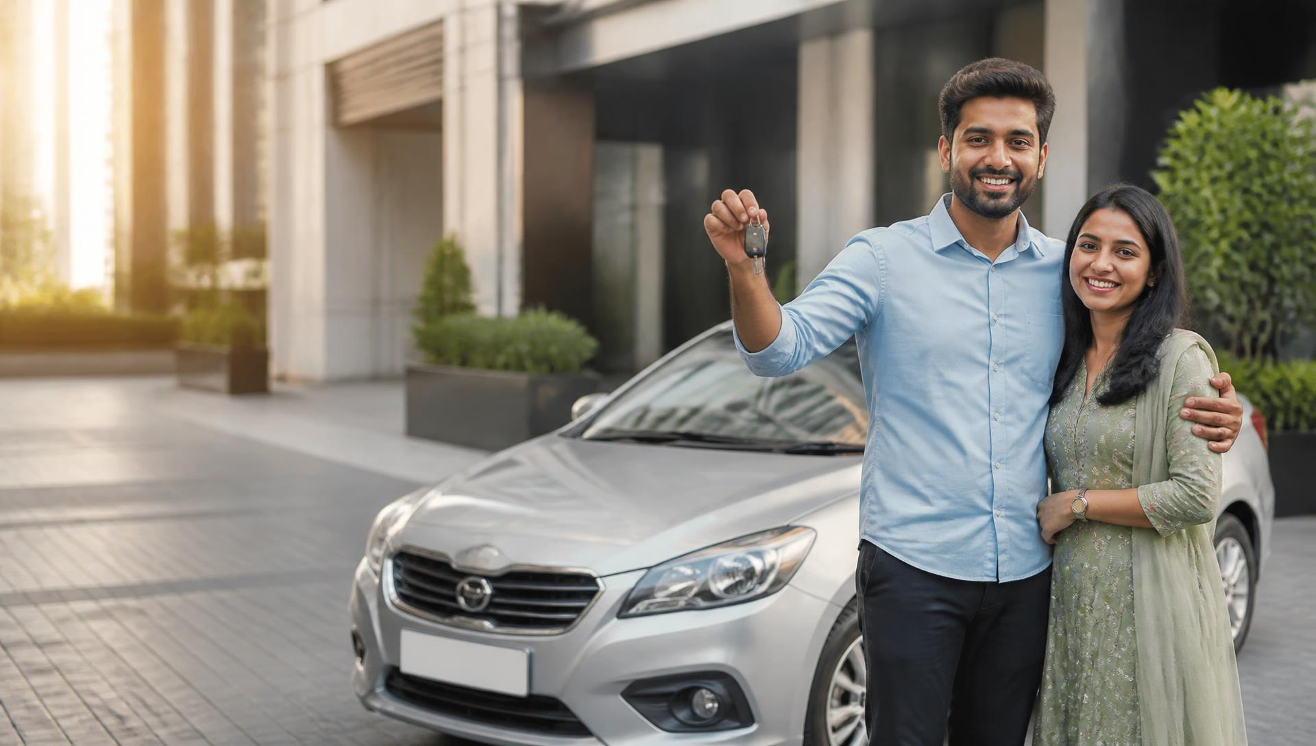Happy couple holding the keys of the car they sold